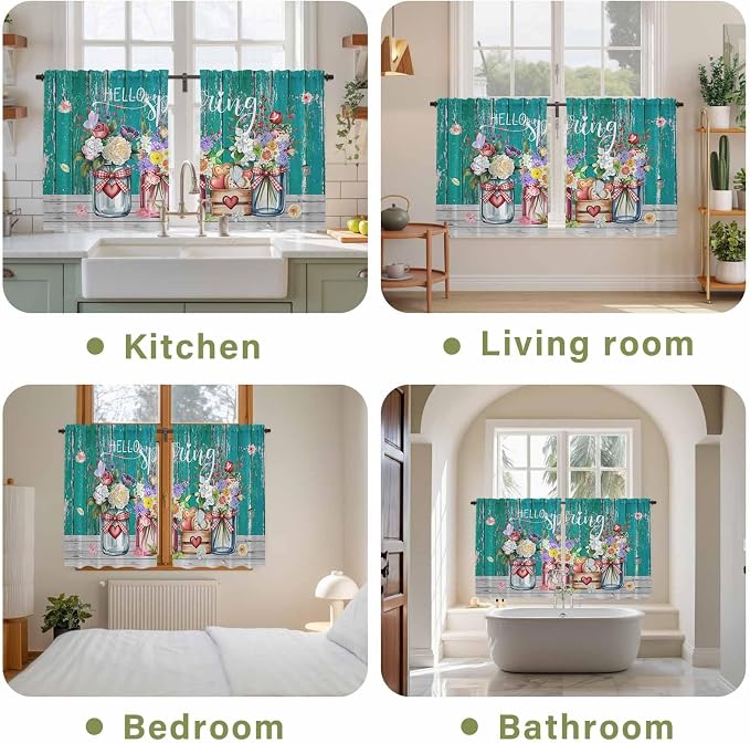 Spring Flowers Tier Curtains, Farmhouse Watercolor Teal Wood Grain Light - Image 8
