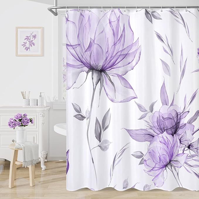 Long Boho Watercolor Floral Shower Curtain 72 x 78, Purple and Grey Ink Painting Style Flower Shower Curtains for Chic Elegant Bathroom, Artistic 78 Inch Long Fabric Shower Curtain