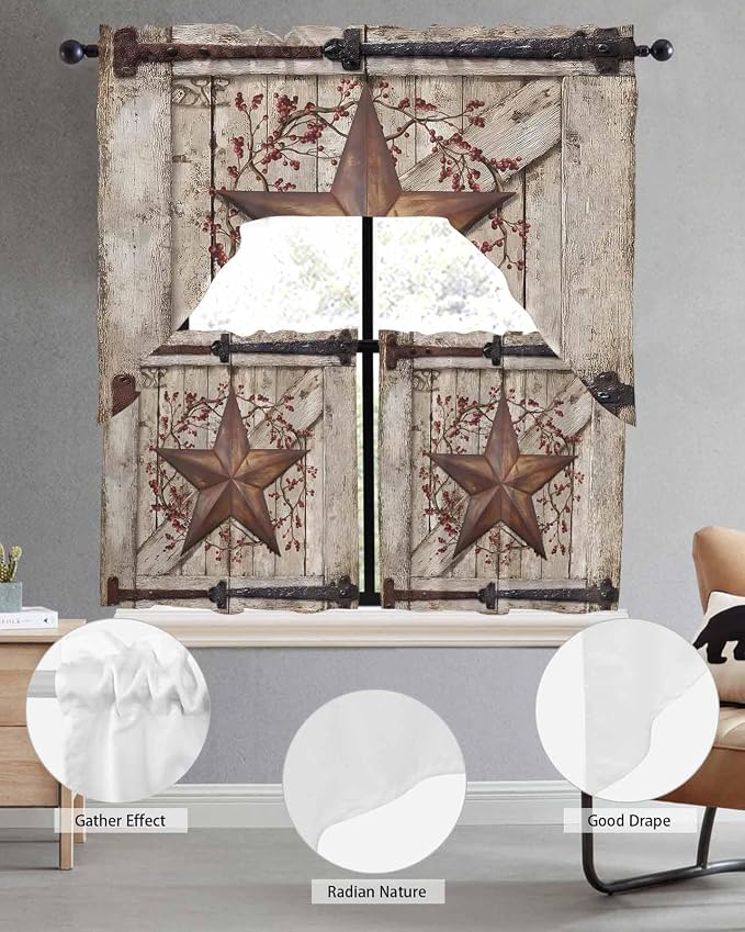 Country Star Swag Kitchen Curtains Valance and Tier Set, VintageRust Yellow - Image 5