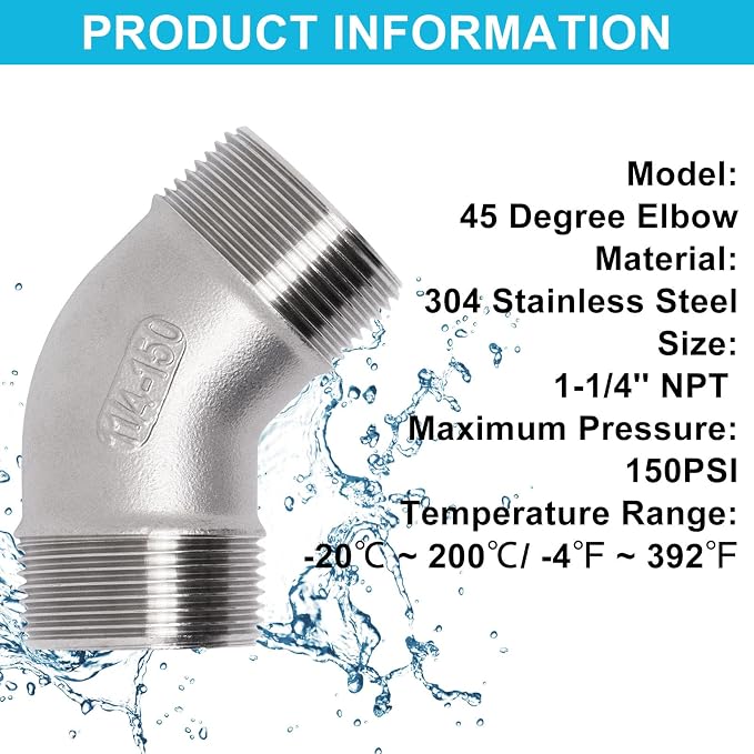 45 Degree Elbow 1PCS, 1-1/4" NPT Male X 1-1/4" NPT Male 304 Stainless Steel - Image 3