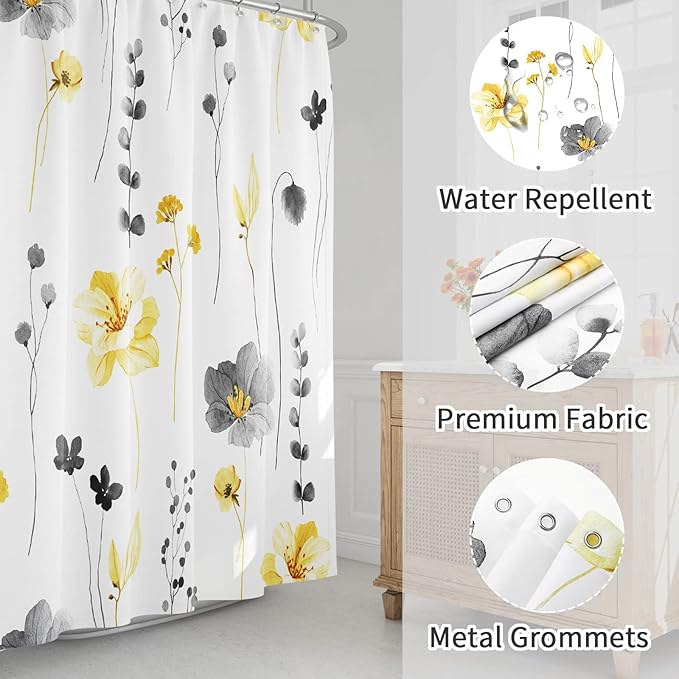 Gibelle Yellow and Grey Floral Shower Curtain, Watercolor Flower Shower Curtain for Bathroom, Modern Minimalist White Waterproof Fabric Shower Curtain Set 72x72 Inch