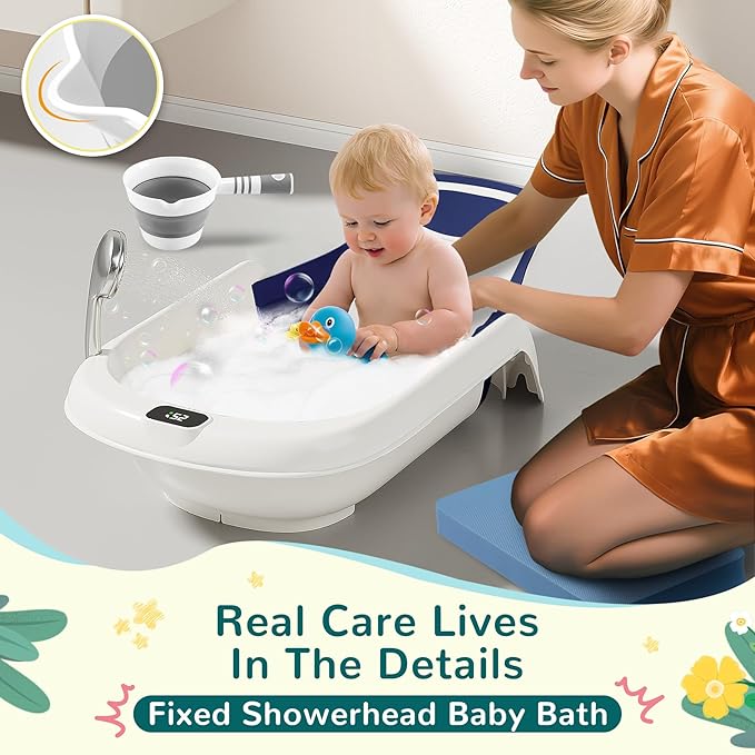 Baby Bathtub,5-in-1 Reclining Baby Bathtub,Baby Bath Tub with Real-Time Thermometer, Adjustable Recline for Custom Comfort for Newborn to Toddler- Ages 9 to 36 Months,Portable Newborn Travel Bath tub