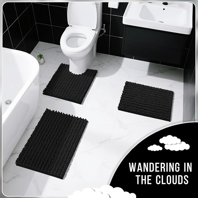 Yimobra Bathroom Rugs Sets 2 Piece - Quick Dry Extra Thick Luxury Chenille Bath Mat, Non Slip Super Absorbent for Tub Shower Sink, Machine Washable Shaggy Floor Mat, 32"x20"+24"x17" Inch, Black