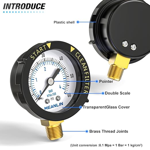 MEANLIN MEASURE 0~60Psi Plastic Frame 1/4" NPT Start and Clean Filter Pressure - Image 5