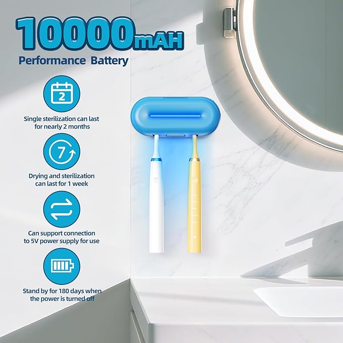 Toothbrush sanitizer,Heating-Drying, UV Toothbrush Holder,2 Independent Cleaning Chambers,Ultra-Long Running time-10000mAh Rechargeable,Toothbrush sterilizer,Wall-Mounted,Modern Design,Blue