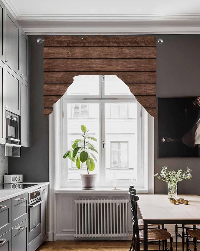 Brown Wooden Board Swag Kitchen Curtains Valance and Tier Set, Vintage Wood - Image 4