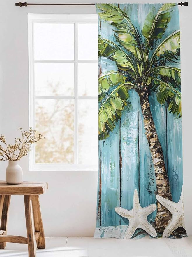 Sheer Curtains 84 Inches Long, Coastal Beach Starfish Semi Sheer Curtains Light - Image 3