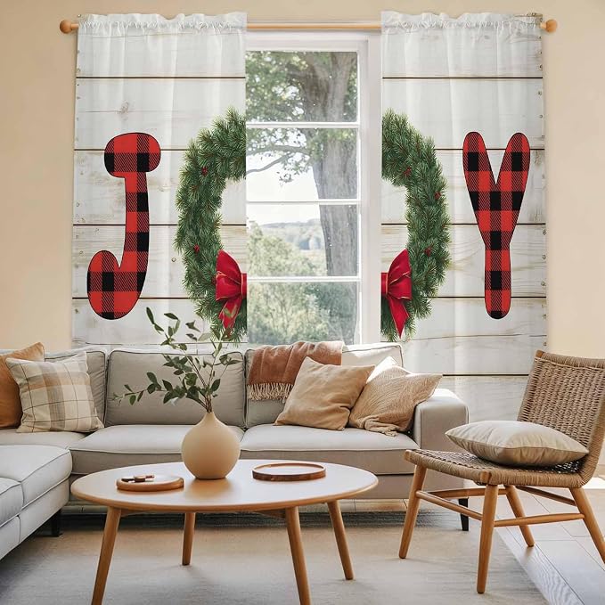 Christmas Wreaths Window Curtains 72 Inch Long 2 Panel Set, Rod Pocket Long - Image 3