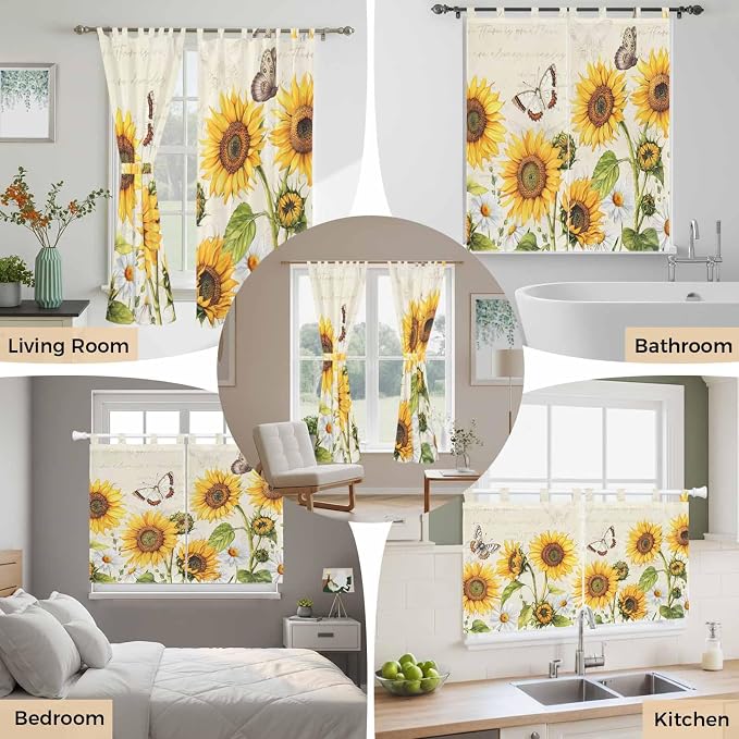 Farm Sunflowers Kitchen Curtains 36 Inch Length, Small Window Curtains Tab Top - Image 7