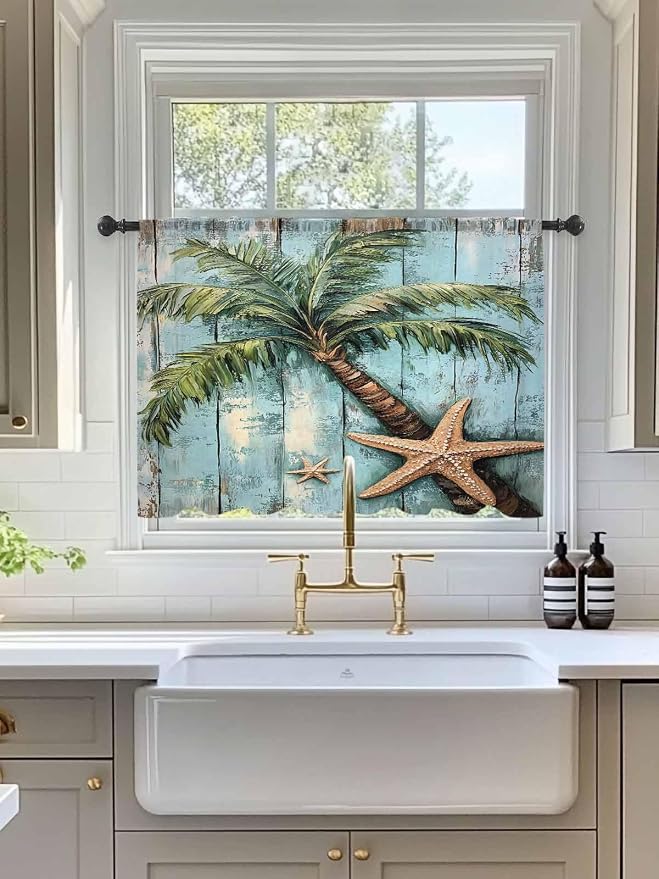 Sheer Curtains 54 Inch Length, Coastal Blue Green Tree Semi Sheer Curtains - Image 3