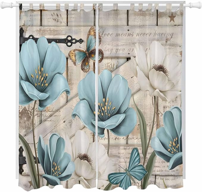 Teal Blue Tulips Living Room Curtains 96 Inch Length, Window Curtains Tab Top by Unknown