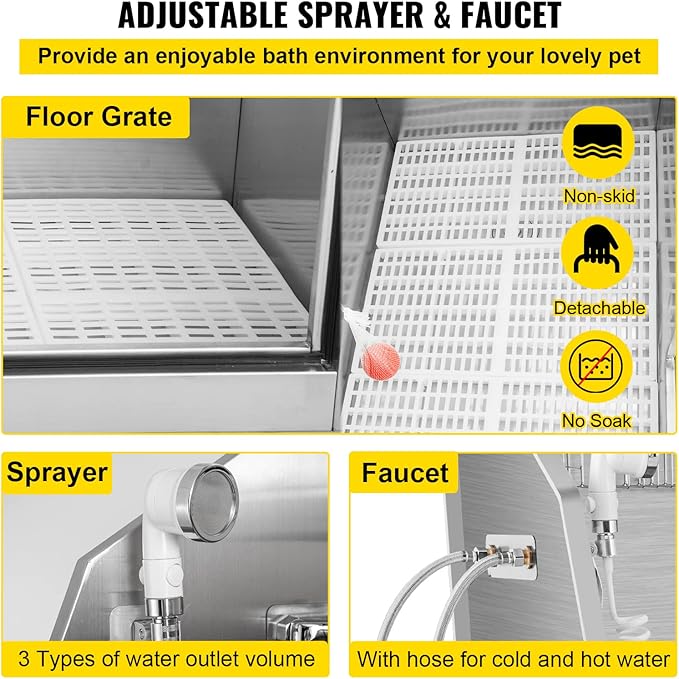 VEVOR Dog Grooming Tub, 50" Right Door Pet Wash Station, Professional Stainless Steel Tub Rated 330LBS Load Capacity, Non-Skid Dog Washing Station Comes with Ramp, Faucet, Sprayer and Drain Kit
