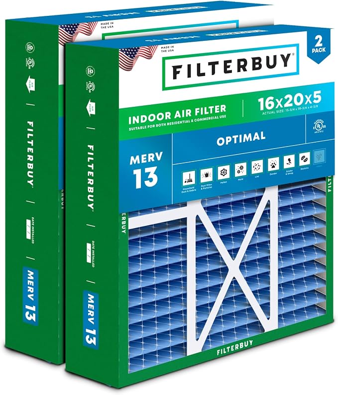 Filterbuy 16x20x5 Air Filter MERV 13 Optimal Smoke & Allergy Defense, Pleated by Filterbuy