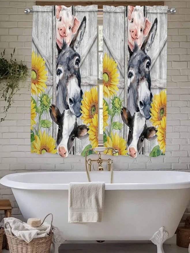 Farmhouse Bedroom Curtains 63 Inches length, Watercolor Sunflowers Animals - Image 7