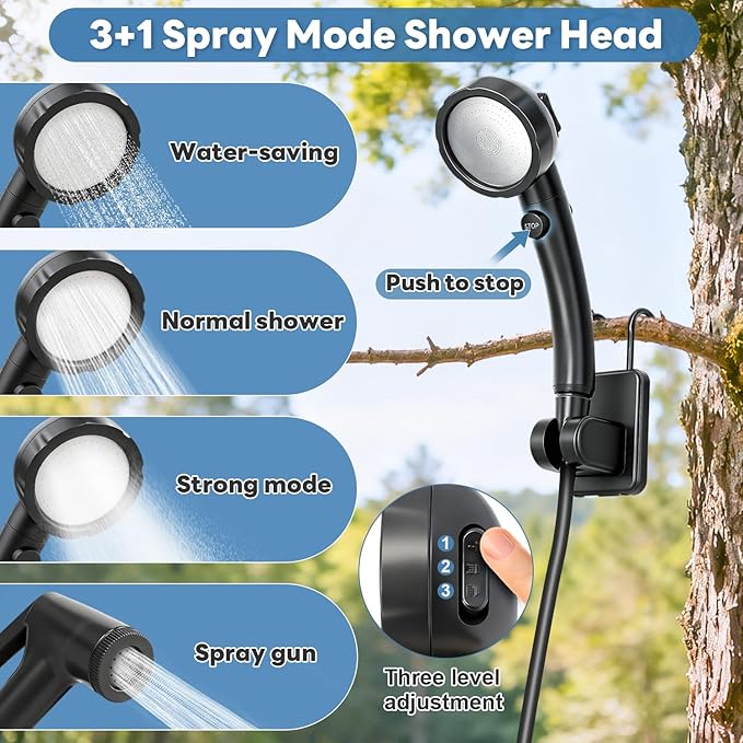 Portable Shower with Heater 1500W Camping Water Heater with Shower Head 3 Spray Modes, 6000mAh Rechargeable Shower Pump with LED Display Foldable Bucket Outdoor Showering for Hiking RV Car Travel Pet