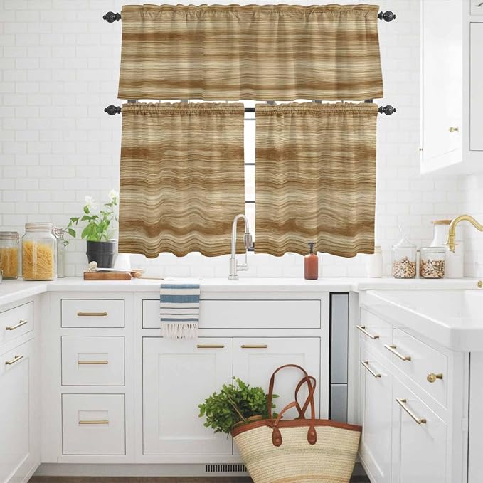 Kitchen Curtains Tiers and Valance Set of 3, Light Brown Wood Grain Light - Image 3