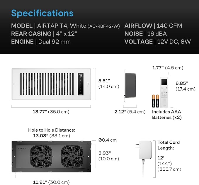 AC Infinity AIRTAP T4 White, Register Booster Fan - Image 8