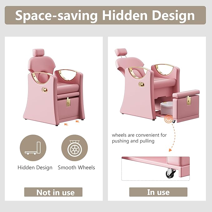 Pedicure Station for Nail Tech, Reclining Pedicure Chair with Massage Foot Bath, No Plumbing Pedicure Station Unit (Pink)