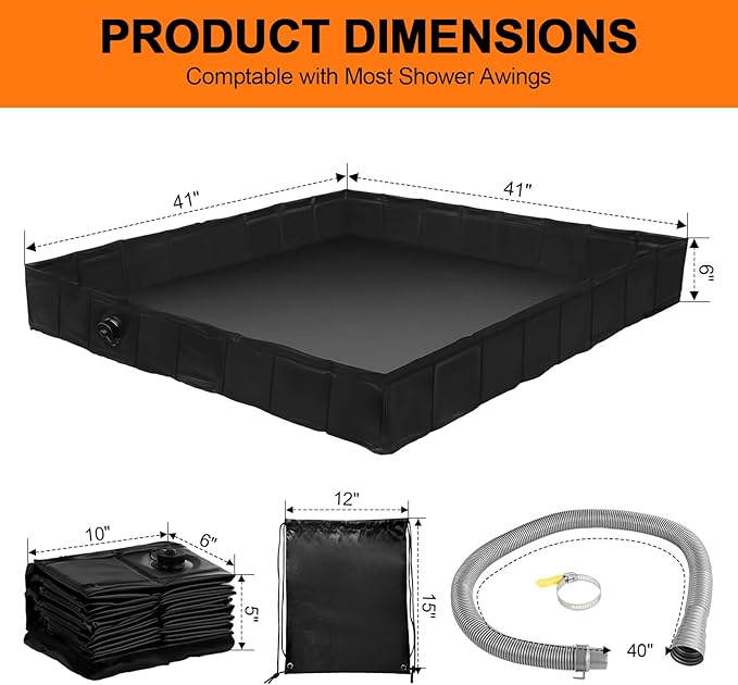 Portable Shower Base, Foldable Camping Shower Pan with Drain and Clamp to Keep Feet Clean Shower Basin Floor for Camping Showe, Beach, RV, Pte Bath Indoor Outdoor, 41" x 41" x 5"