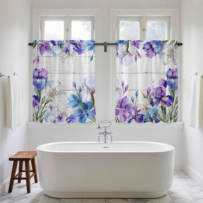 Spring Flowers Tier Curtains, Watercolor Garden Florals Wooden Grain Light - Image 5