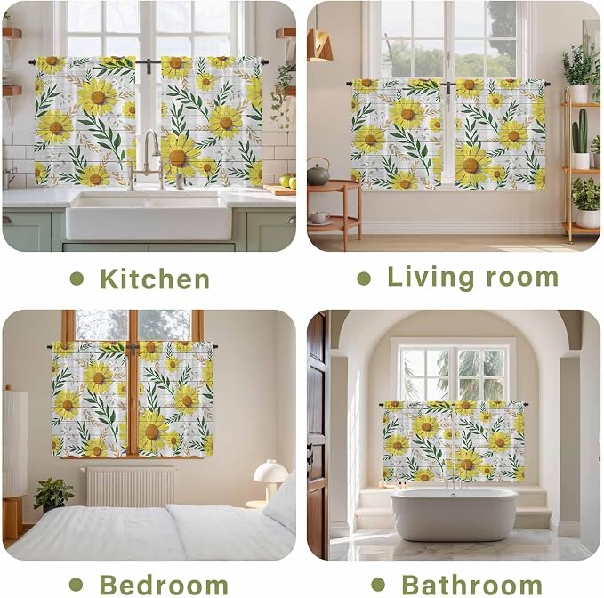Yellow Daisy Kitchen Curtains, Farmhouse Country Flower Leaf Plant Wood Grain - Image 8
