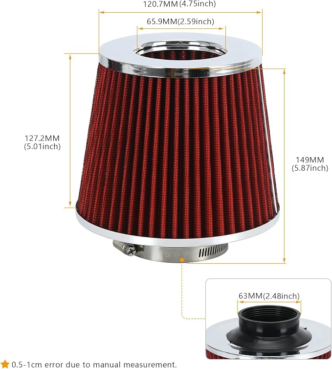 PTNHZ Universal Red 2.5" 63mm High Flow Cold Air Intake Cone Air Filter Power - Image 4