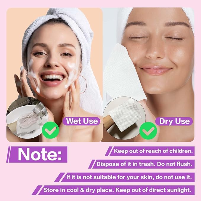 Vinda Face Towels, Disposable, XL facial towels, 50 Count - Thick 100% Rayon Fabric Dry Wipes for Sensitive Skin & Makeup Removal