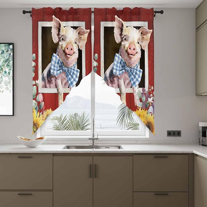 Pig Sunflowers Swag Valances for Windows, Eucalyptus Leaves Floral Bees Red - Image 8