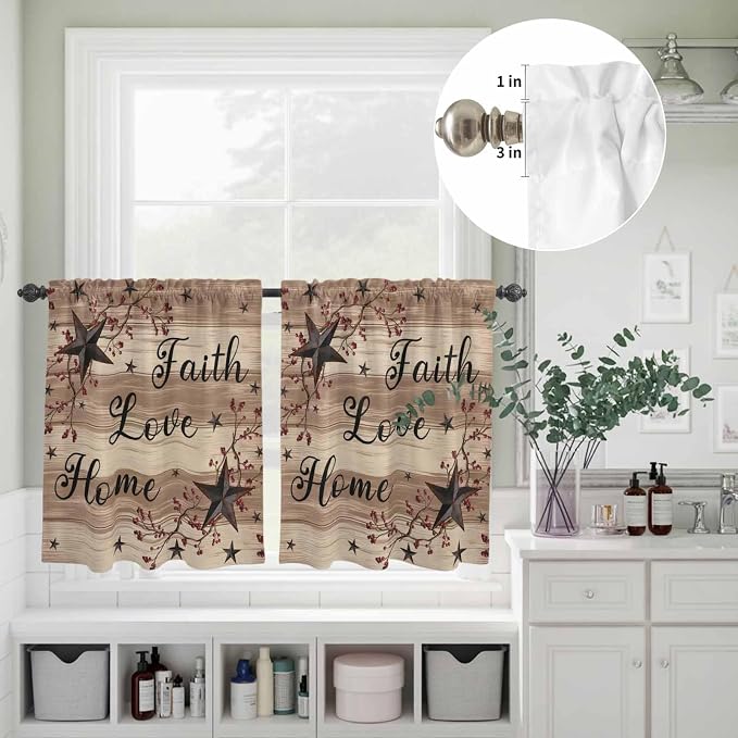 Kitchen Curtains Tiers and Valance Set of 3, Farmhouse Star Brown Light - Image 8