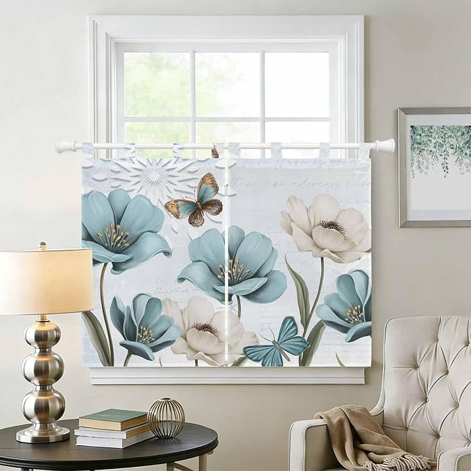Blue Tulips Kitchen Curtains 45 Inch Length, Short Cafe Window Curtains Tab Top - Image 2