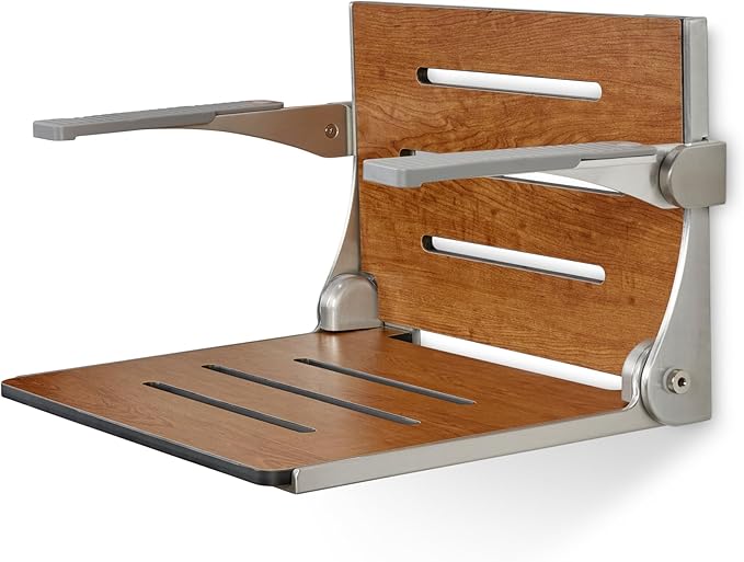 Seachrome Silhouette Comfort Folding Wall Mount Shower Bench Seat with Arms, Rustic Teak Seat with Silver Frame