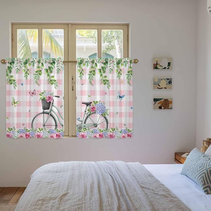 Spring Kitchen Curtains, Bicycles Leaves Butterfly Flowers Pink Buffalo Plaid - Image 4