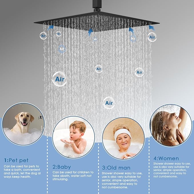 Shower System Dual Shower Heads with 12" Ceiling Mounted Rain Shower Head & 6" Wall Mounted Head Full Body Luxury Rain Shower System 3 Way Pressure Balance Valve Kit, Matte Black