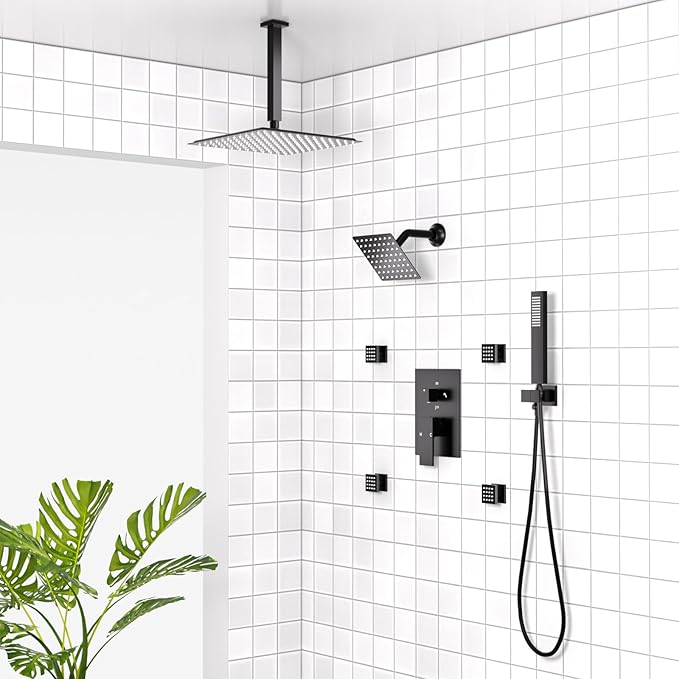 Enga Dual Head Shower System with Body Jets (Eco-Performance) 12 Inch Ceiling Mount Shower Head with 6 Inch Wall Mount Shower Head Shower Faucet Set, Matte Black