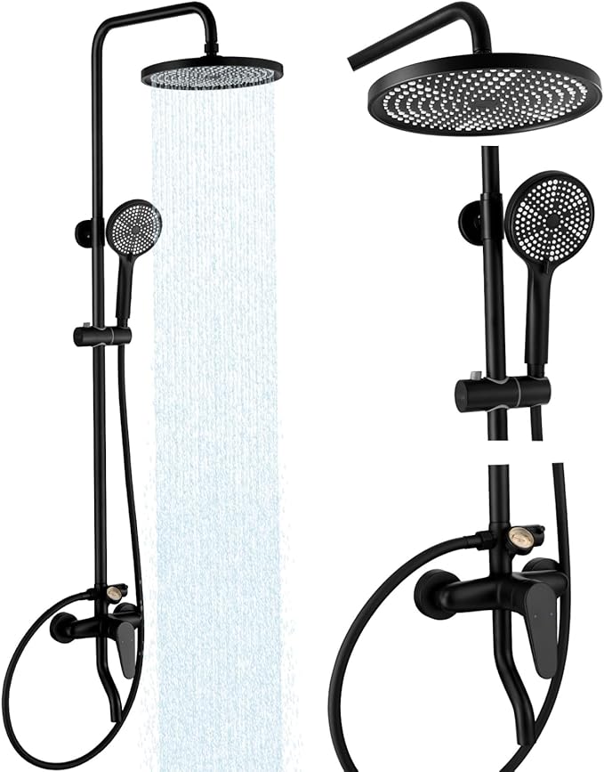 Outdoor Shower, 3 Functions Outdoor Shower Fixture SUS304 Stainless Steel Rain Shower Kit Faucet High Pressure Wall Mount 10 Inch Showerhead and Handheld Spray Combo,Single Handle, Matte Black