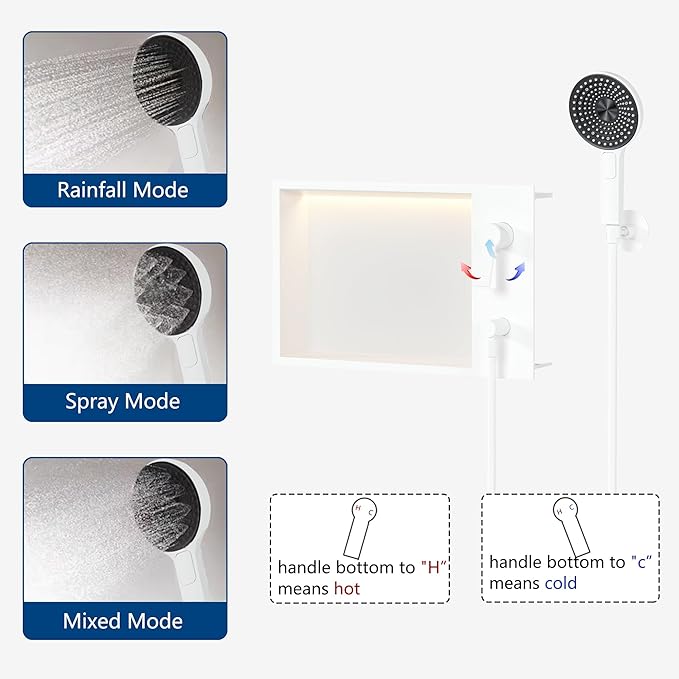 Shower Niche with Round Hand Shower,and LED Light in Matte White/Horizontal