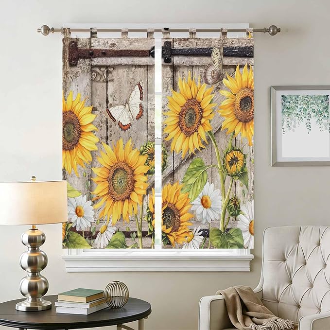 Farmhouse Sunflowers Bathroom Curtains 63 Inch Length, Window Curtains Tab Top - Image 2