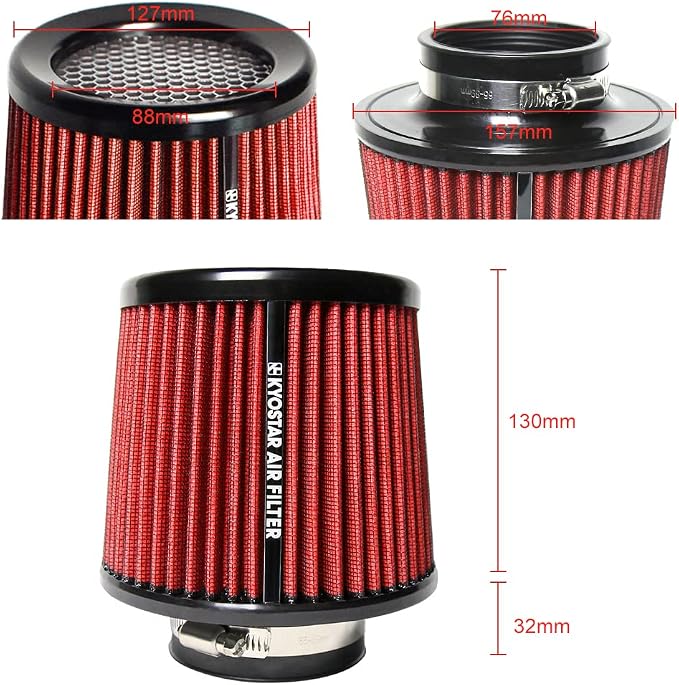 Universal 3" 76mm High-Flow Air Filter, Reusable Cone Cold Air Intake, High - Image 2