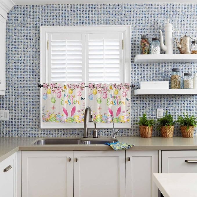 Happy Easter Half Window Curtains 24 Inches Long, Spring Farmhouse Bunny Eggs - Image 2