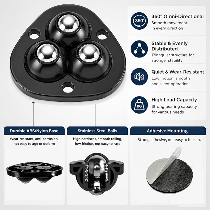 Self Adhesive Caster Wheels 8 Pack, 16 Pads, Quiet 360° Appliance Sliders | Low - Image 7