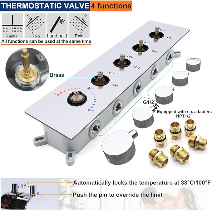 Thermostatic Shower System three Shower Heads with 16" Ceiling Mounted Rain Shower Head & 2 x 6" Wall Mounted Head 4 Function Full Body Shower System Can All Run Together, Chrome