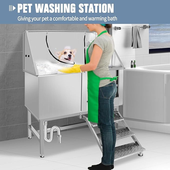 50 Inch Professional Dog Wash Station, Stainless Steel Dog Grooming Tub for Large, Medium & Small Pets - with Anti-Slip Stairs, Drain & Door, Silver