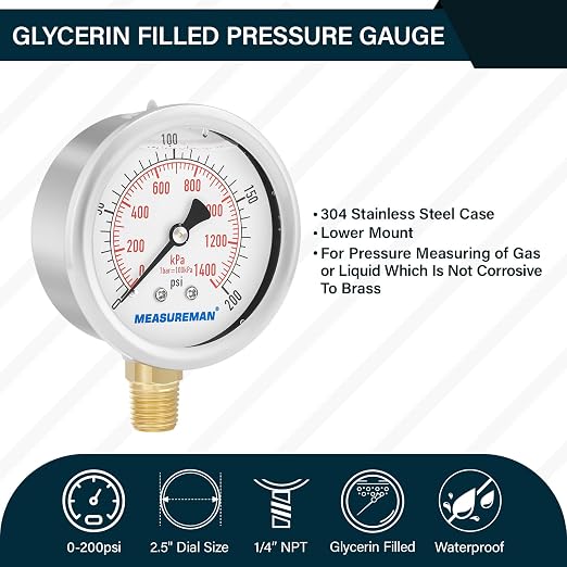 MEASUREMAN 2-1/2inch Dial Size, Liquid Filled Pressure Gauge, 0-200psi/kpa - Image 2