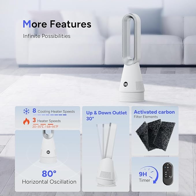 Bladeless Heater Fan, 25inch Heating & Cooling & Filter Combo Tower Fan 80° - Image 3