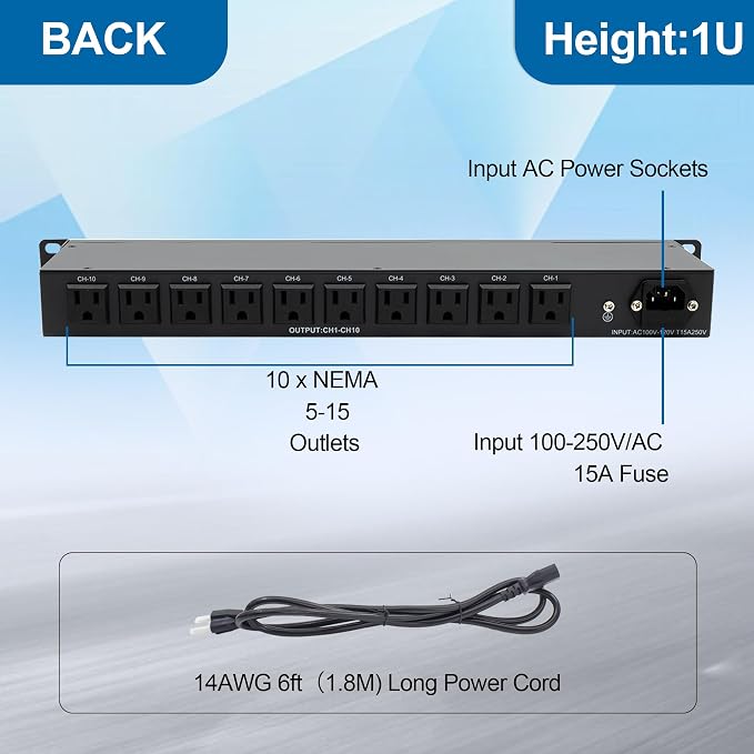 10 Outlets 1U Horizontal PDU Network Rackmount Power Strip - Image 3