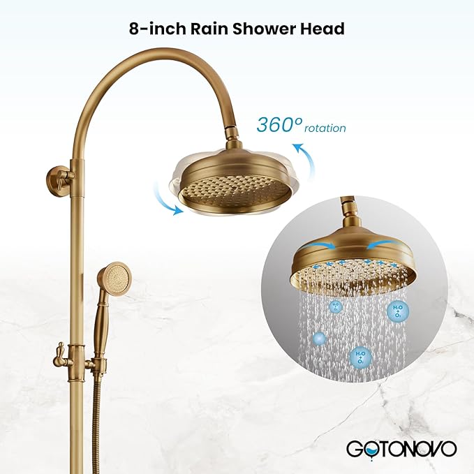 gotonovo Exposed Bathroom Shower System Classic Shower Kit 8 Inch Luxurious Rainfall Shower Head Handheld Spray Tub Filler Brass Pipe 3-Function Wall Mount Double Cross Knobs Antique Brass