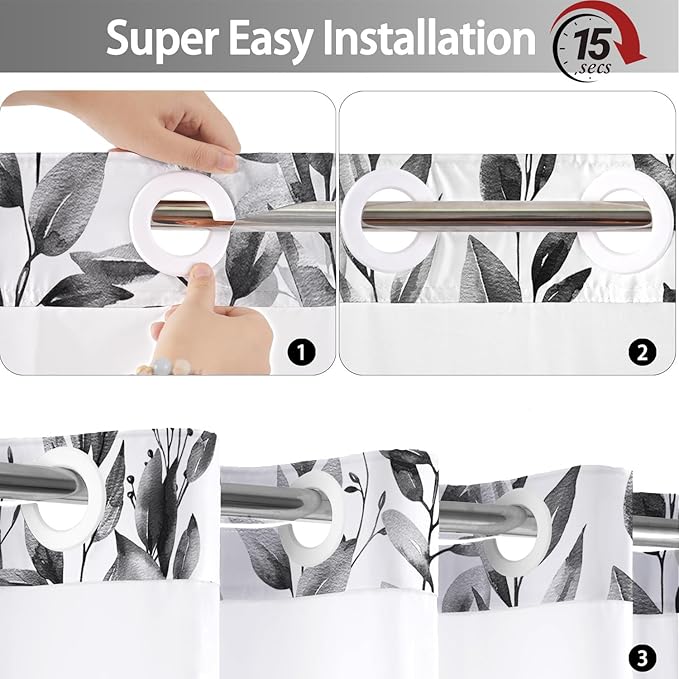 No Hook Shower Curtain and Liner Set, Grey Eucalyptus Floral Shower Curtains for Bathroom, Bath Curtain Sets with Snap in Liner, Waterproof with See Through Top Window, 71x74 Inches