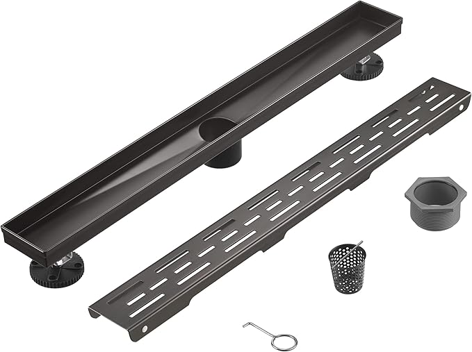 HEATGENE 24-Inch Linear Shower Drain in Venetian Bronze - Stainless Steel Rectangular Shower Floor Drain - Removable Decorative Cover - Adjustable Leveling Feet - CUPC Certified