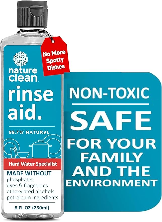Nature Clean All Natural Dishwasher Rinse Aid Cleaner, Liquid Dishwasher Rinse Agent Spot-Free Glass & Cutlery in Hard Water, Non-Toxic Dish Washer Drying Agent & Stain Remover, 8 oz/250ml, Pack of 1