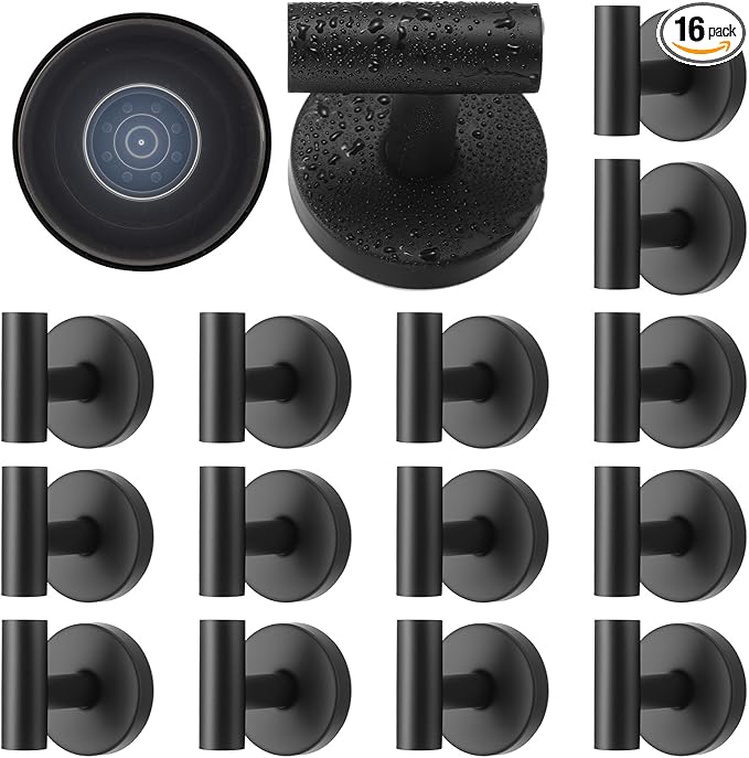 Suction Cup Hook for Shower, 16 Pack Wall Mount Towel Holder, Removable Towel Hook - Stainless Steel No Drill Hook for Bathroom Window Glass Door Wall Home Kitchen Matte Black